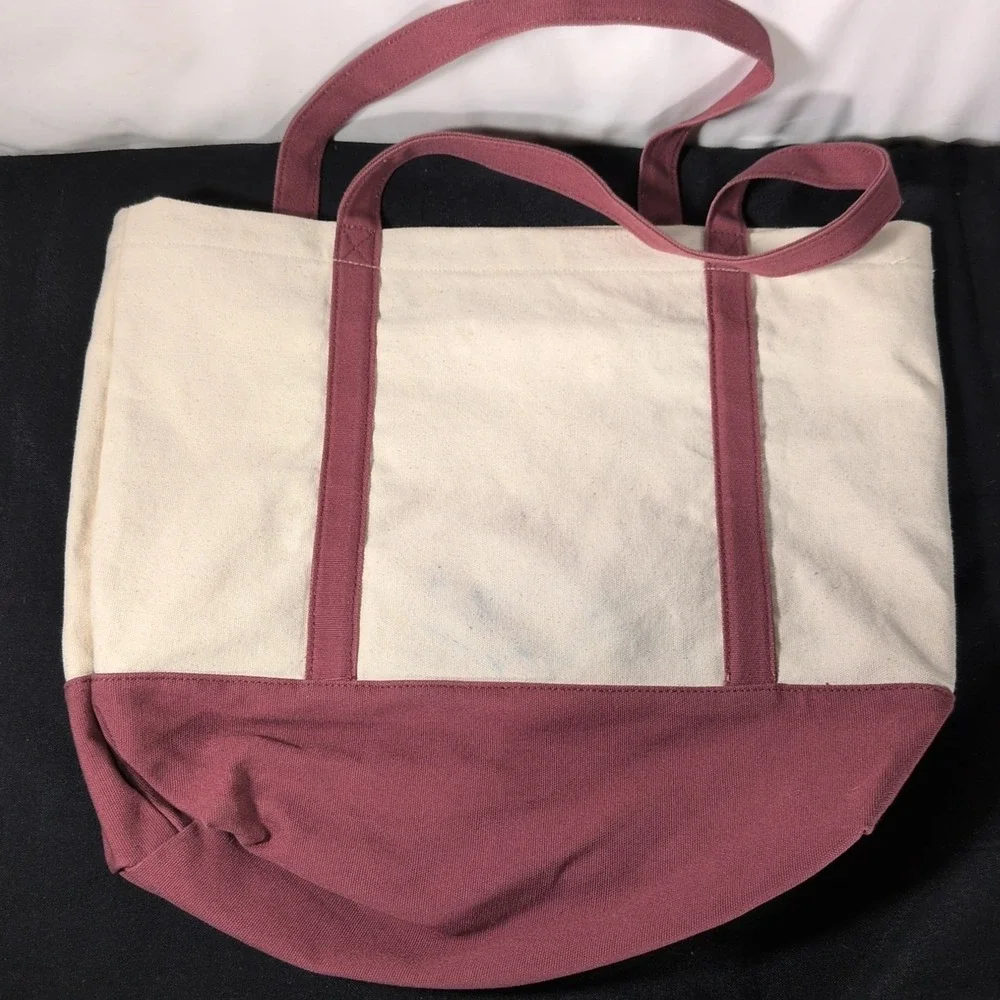Victoria's Secret Love Pink Tote Bag Beige Canvas Maroon With Zipper Classic